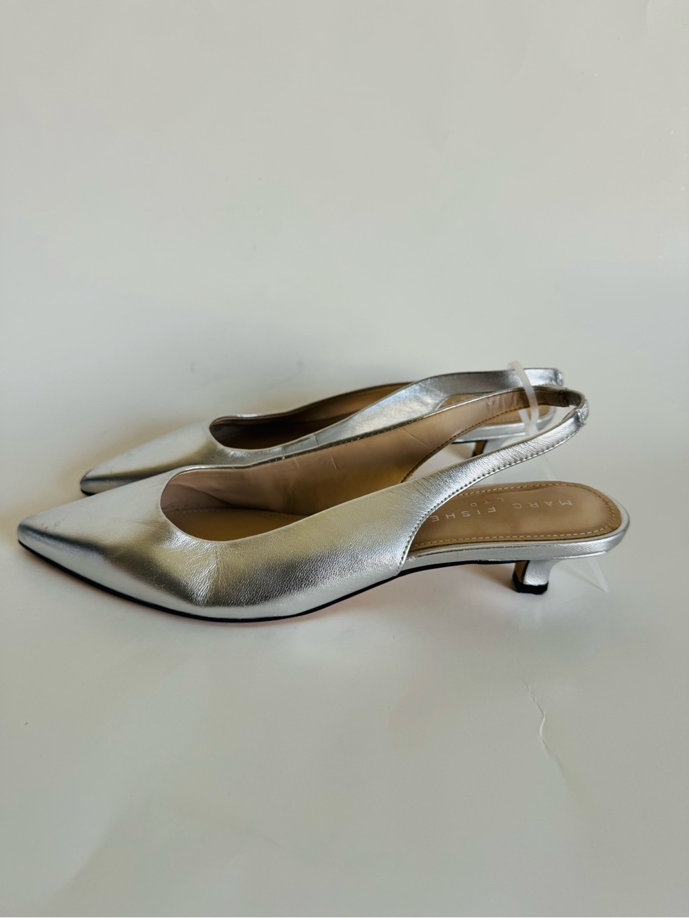 Marc Fisher Silver Pointed Toe Slingback Kitten Heels